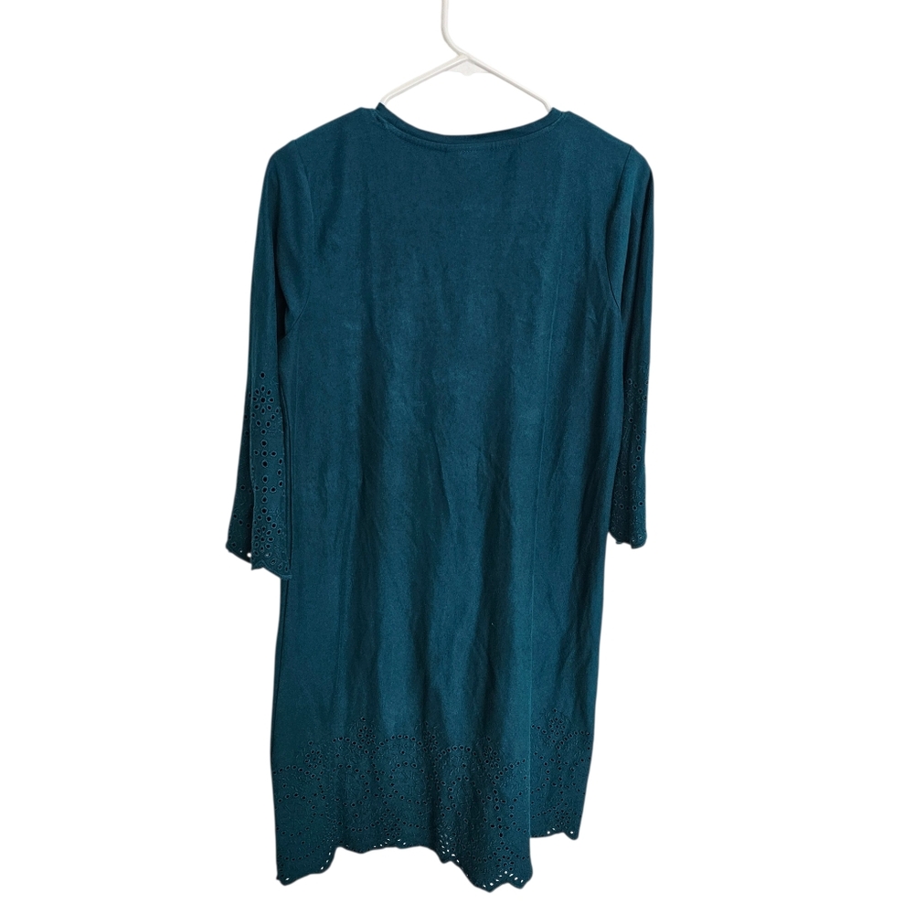 J. Jill Shift Dress XSmall Teal Eyelet Scallop Hem 3/4 Sleeve Cotton Knee Length - Picture 4 of 9